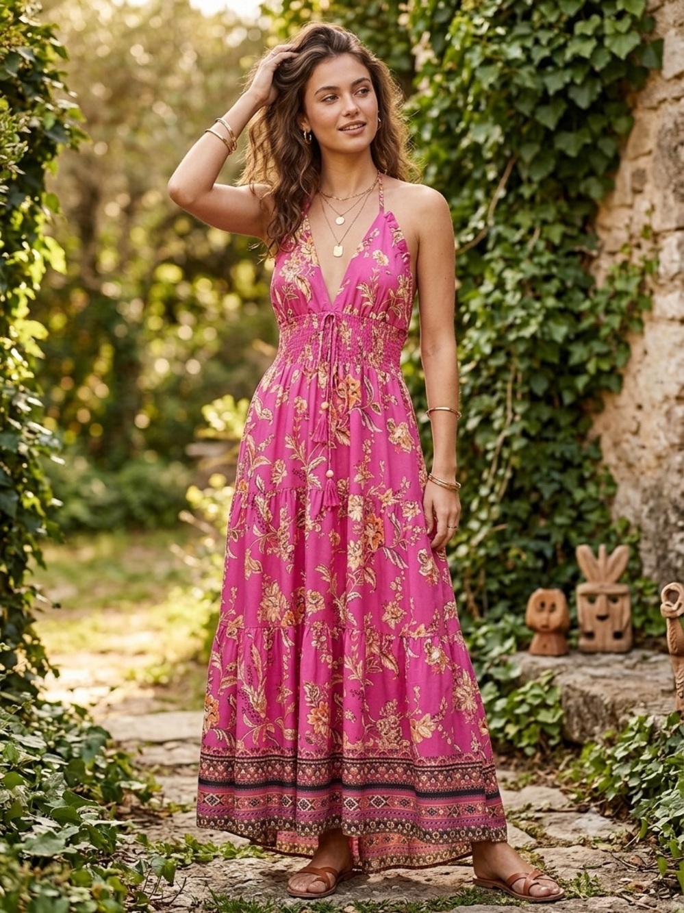 Chelsea & Violet Pink Paisley Floral Tiered Halter Smocked Boho Maxi Dress⁠